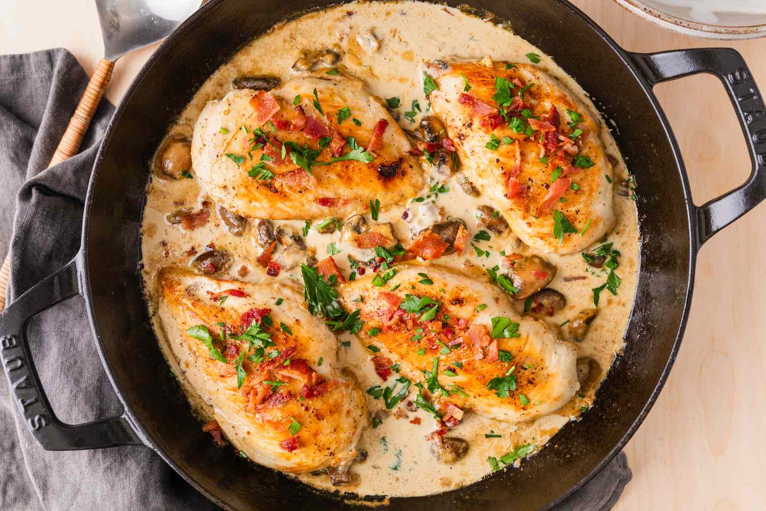 overhead view of Chicken Supreme in a large cast iron skillet