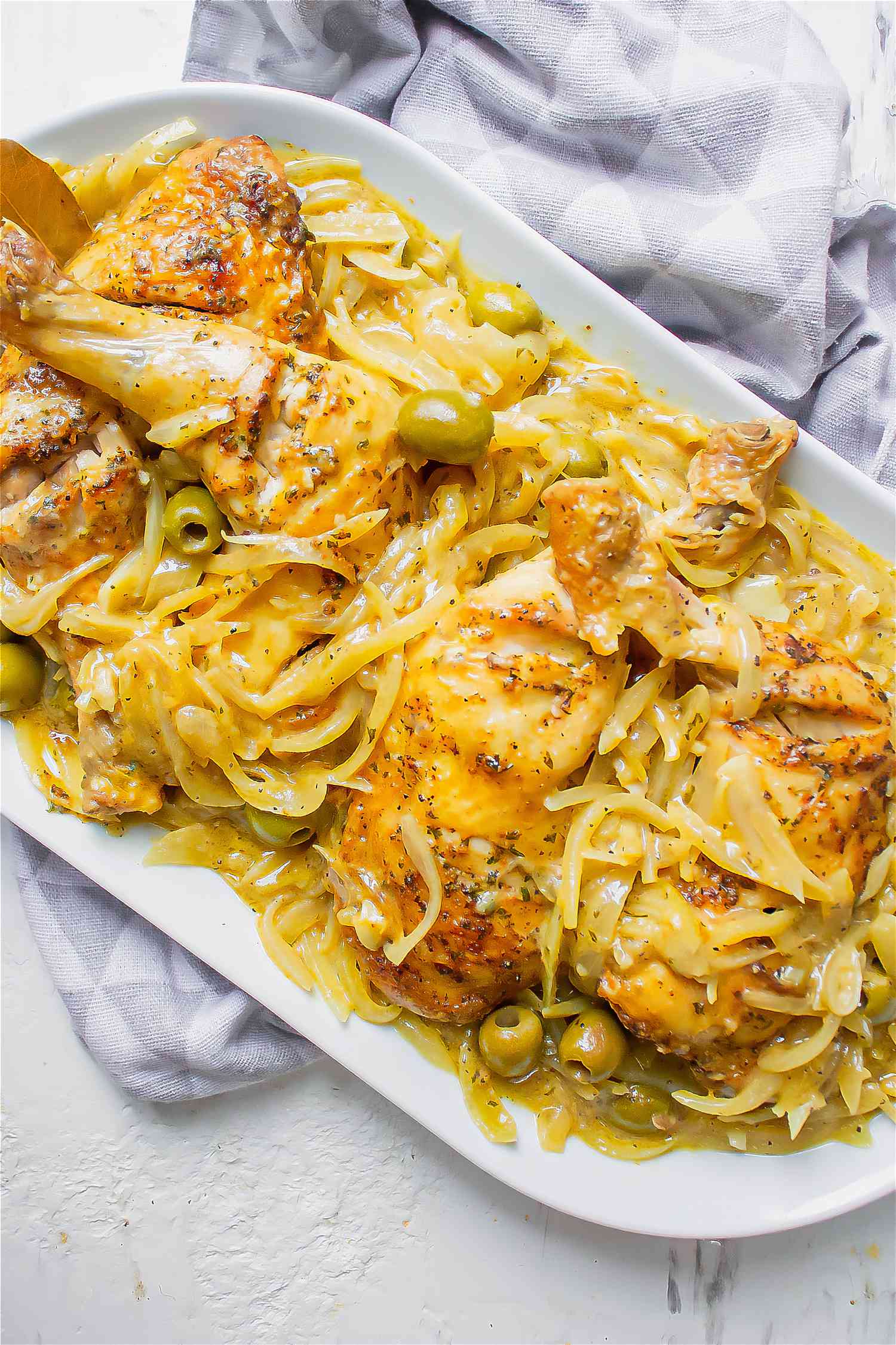 Easy chicken yassa with onion mustard sauce and olives 