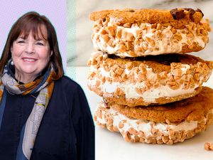 Ina Garten next to a stack of ice cream sandwiches made with cookies and coated with chopped nuts