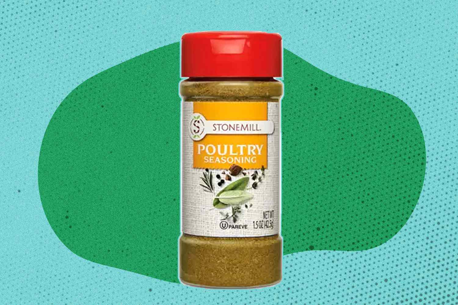 A container of Stonemill poultry seasoning on an illustrated green and blue background