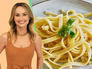 A split image of Giada De Laurentiis and a plate of lemon spaghetti representing her recipe