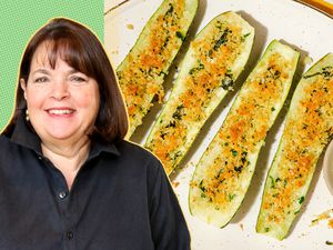 Ina Garten cut out next to a photo of parmesan roasted zucchini 