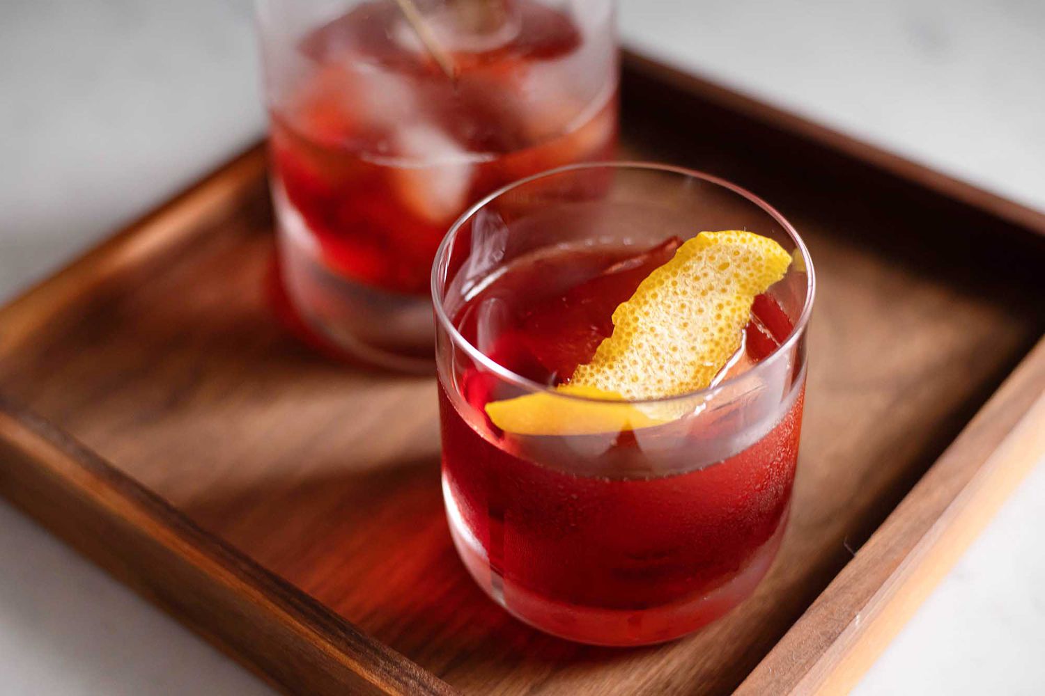 boulevardier cocktail with a lemon peel