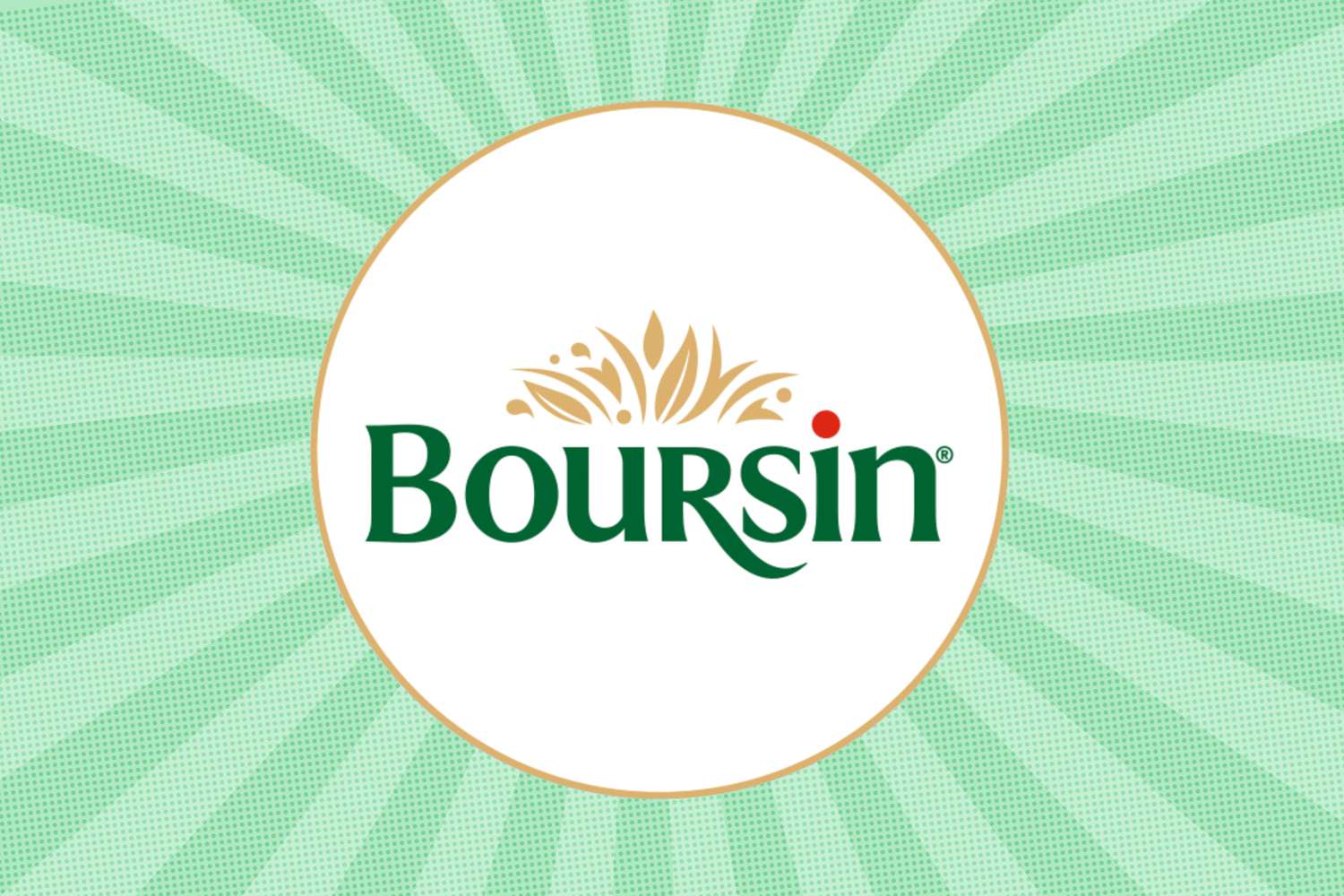 A Boursin cheese logo on an illustrated green background