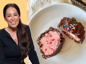 A composed setup featuring Joanna Gaines and a plate with chocolatecovered dessert topped with sprinkles