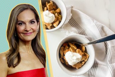 A woman with long hair shown next to bowls of an apple dessert with whipped topping