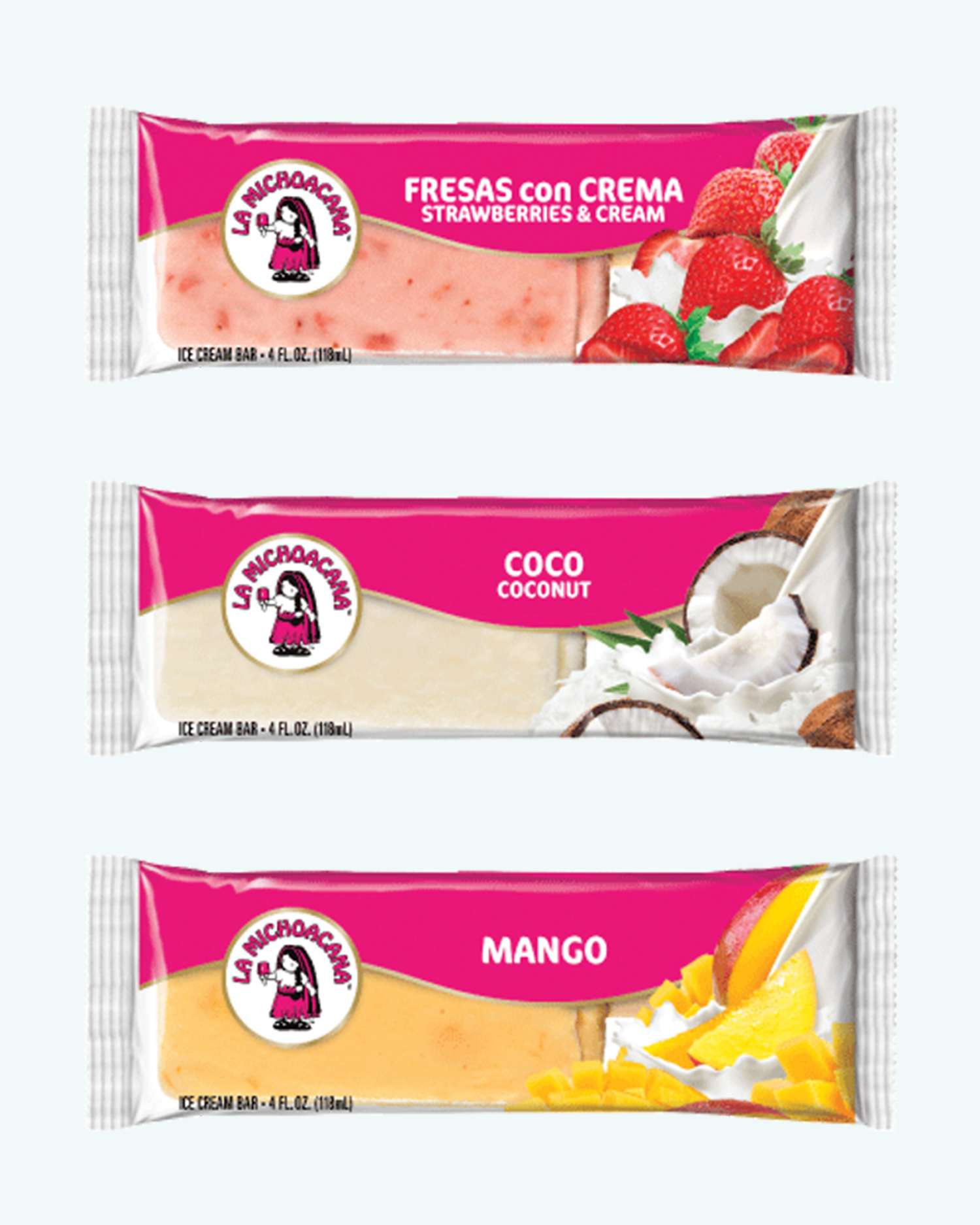Three packaged ice cream bars labeled Fresas con Crema Coco and Mango with brand logo