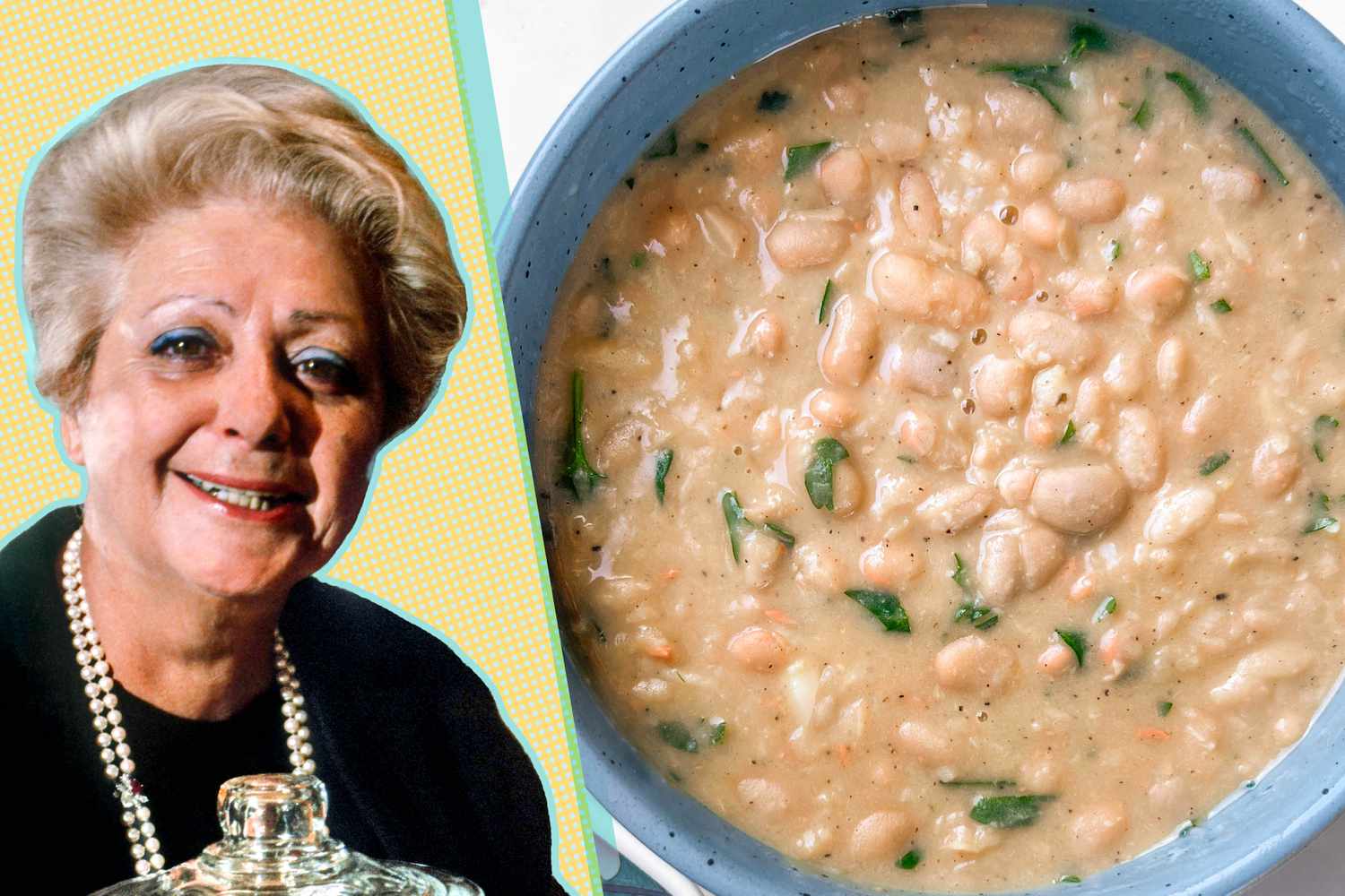 Marcella Hazan and white bean soup in a blue bowl