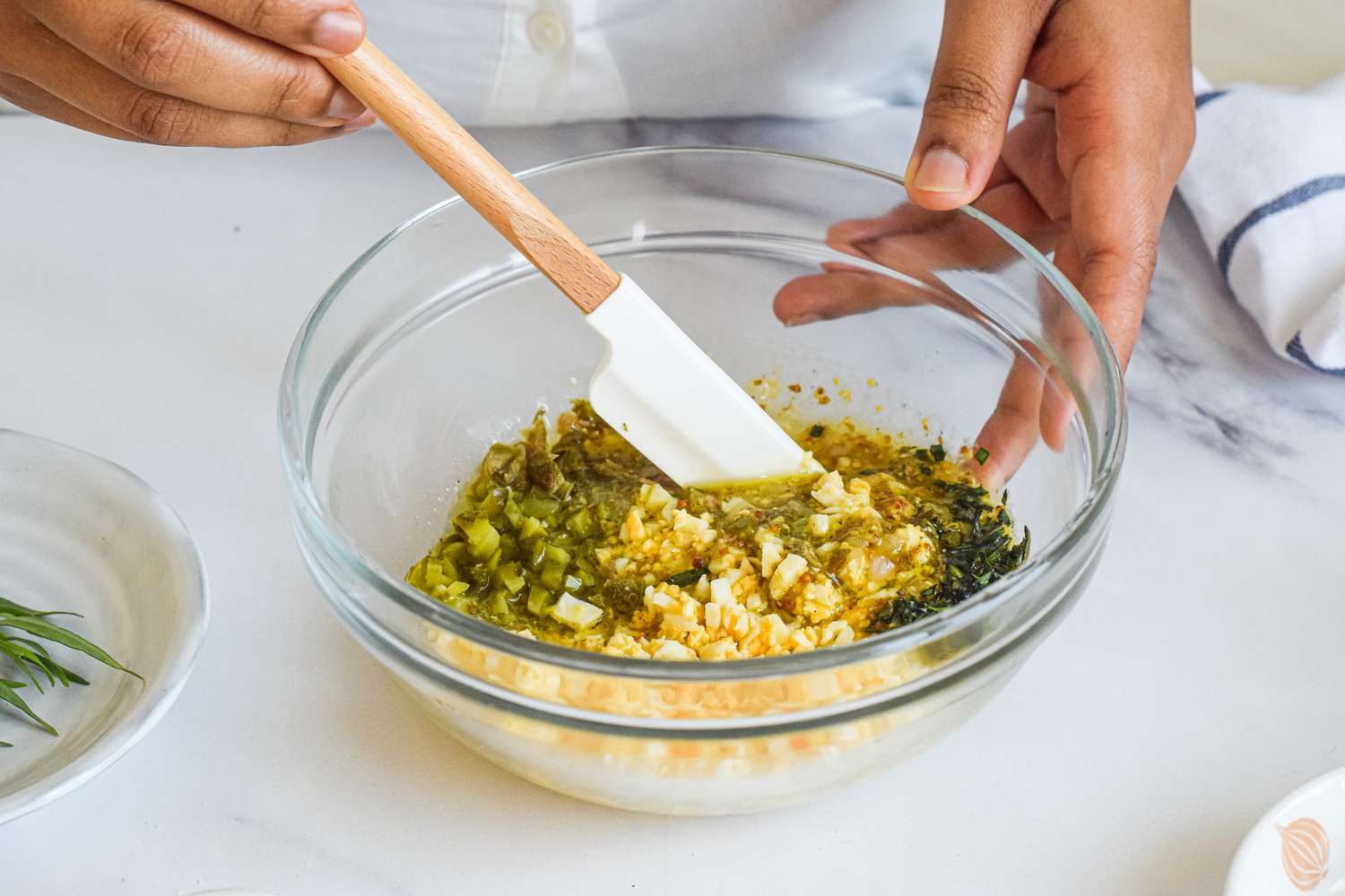 Gribiche Vinaigrette Ingredients Mixed Together for Oil and Vinegar Dressing