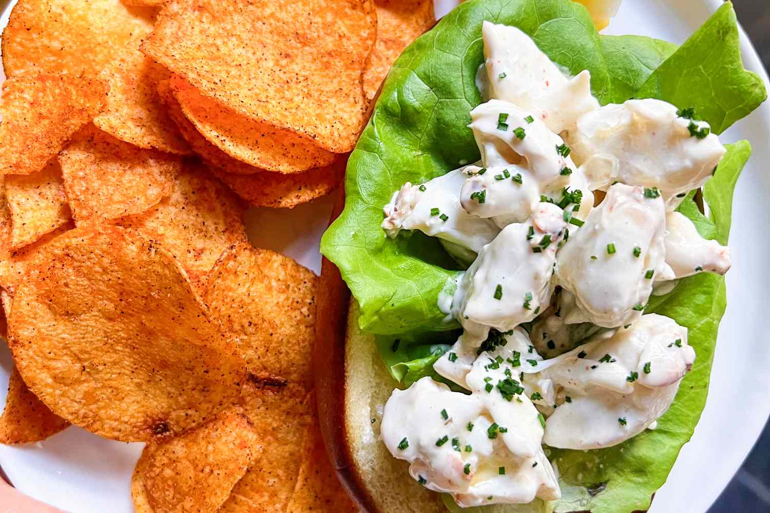 Plate with Martha Stewart's crab roll and potato chips on the side