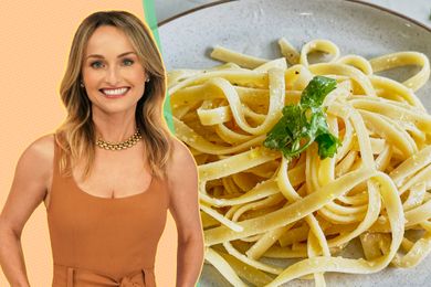 A split image of Giada De Laurentiis and a plate of lemon spaghetti representing her recipe