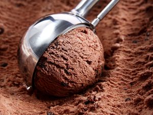A scoop of chocolate ice cream in a metal scooper