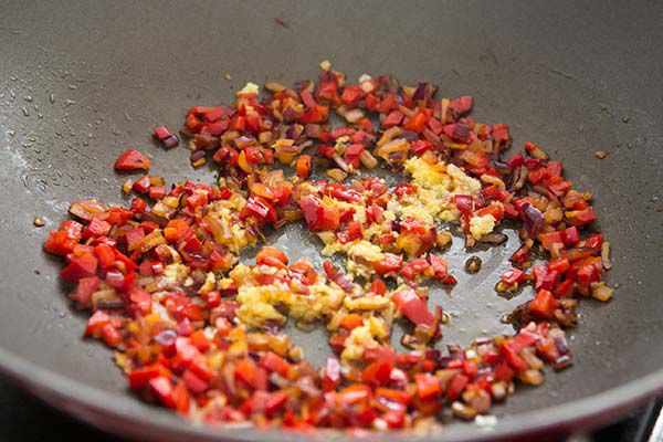 sautéing onions red pepper for leftover fried rice