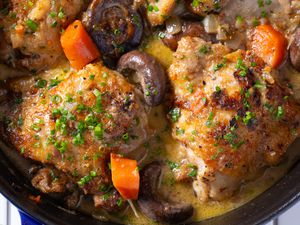 chicken fricasse in a dutch oven (close-up)