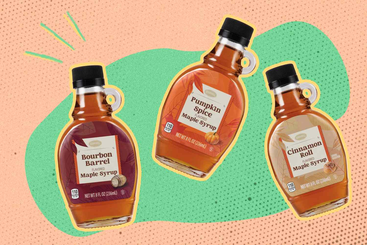 Three flavored maple syrups bourbon barrel pumpkin spice and cinnamon roll