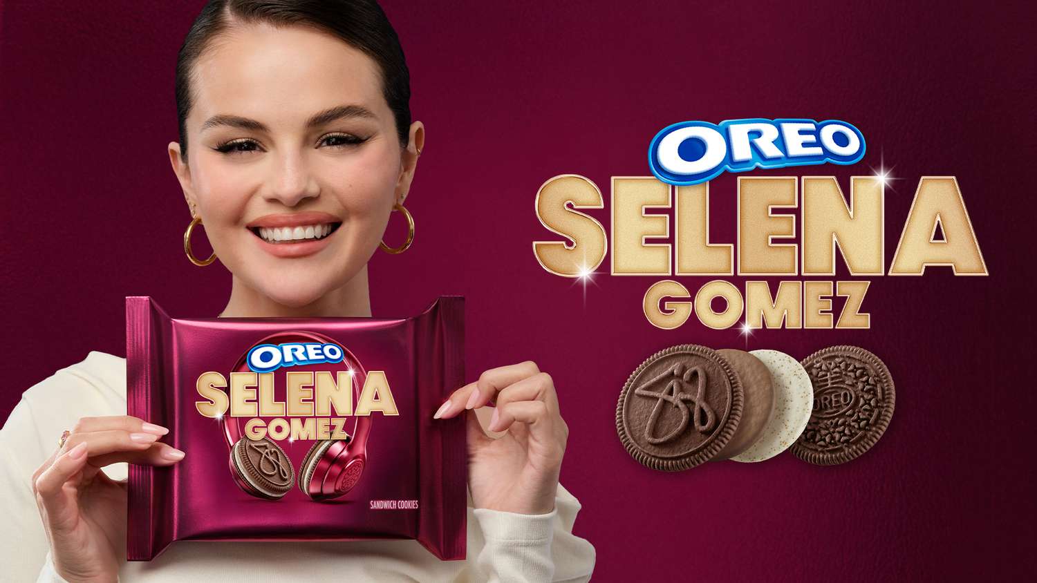 Selena Gomez holding a package of Oreo cookies with her personalized branding, with text "Oreo Selena Gomez" in the background