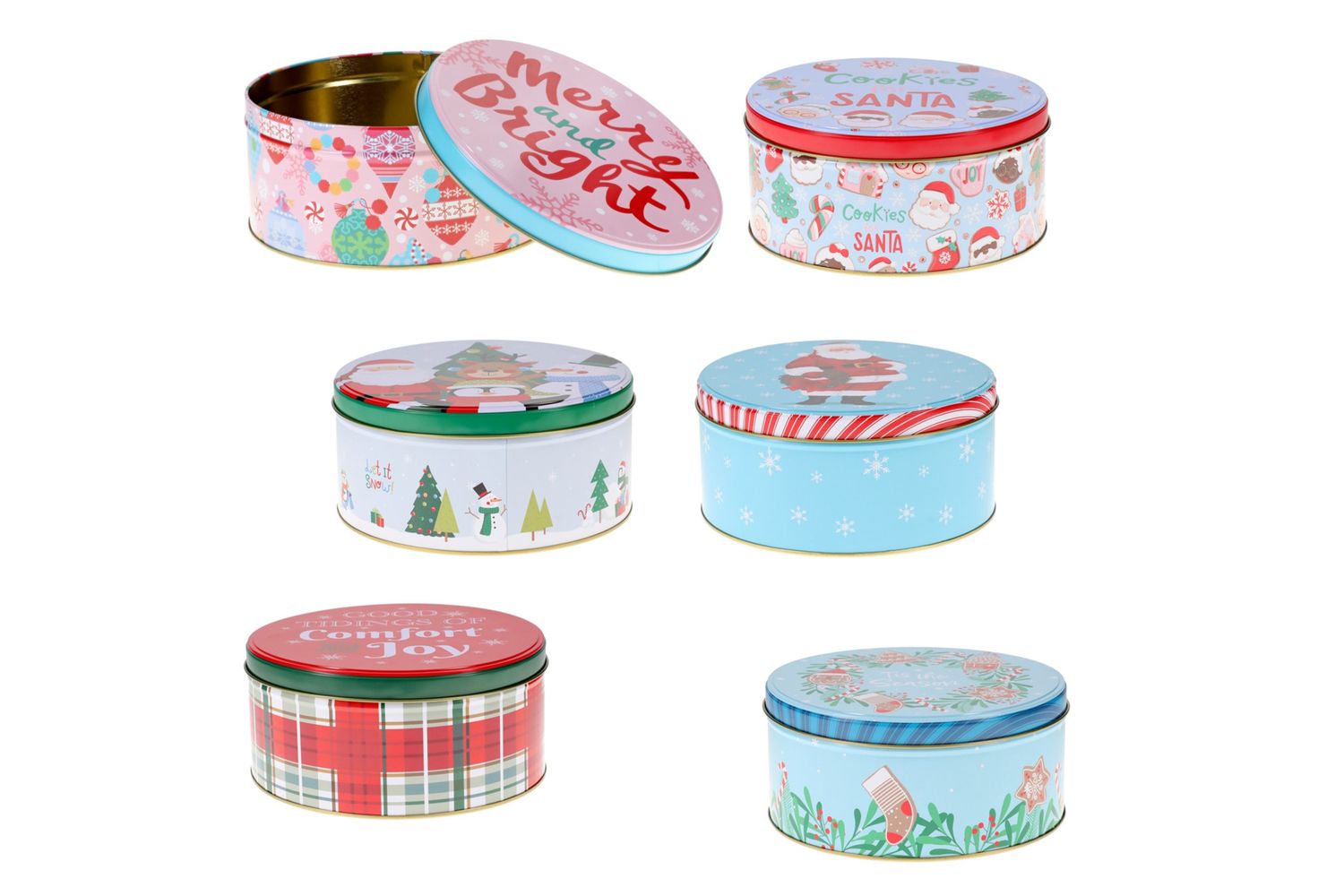 A variety of festivethemed tins with holiday designs