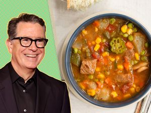 Stephen Colbert alongside a bowl of vegetable soup