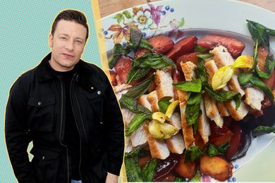 A split image of Jamie Oliver and a plate of pork chops with garnishes