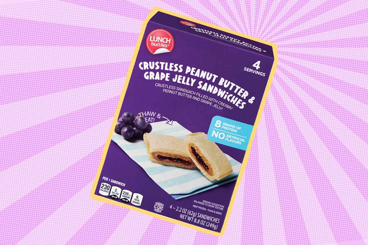 Packaging of crustless peanut butter and grape jelly sandwiches on a purple background