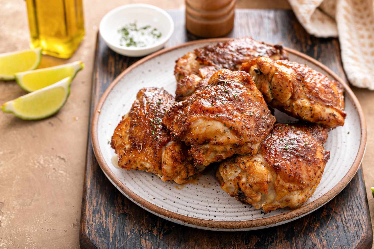 A plate with foru seasoned and cooked crispy skinned chicken thights, with lime wedges and a small bow of salt in the background