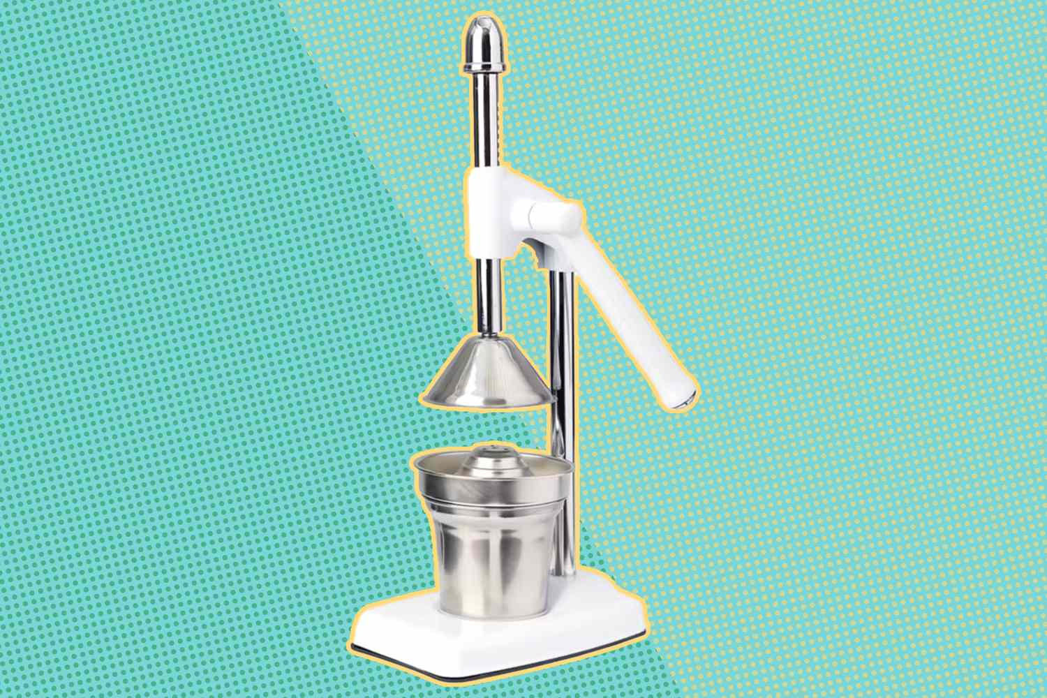 Manual metal juice press with a lever and cup beneath the press cone
