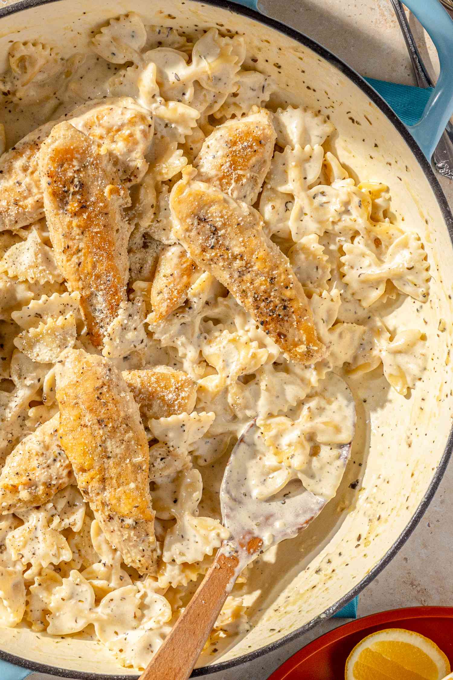 Chicken caesar pasta in a pan