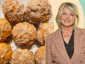 A split image of pumpkin donut muffins on a plate and Martha Stewart smiling in an inset photo on the right