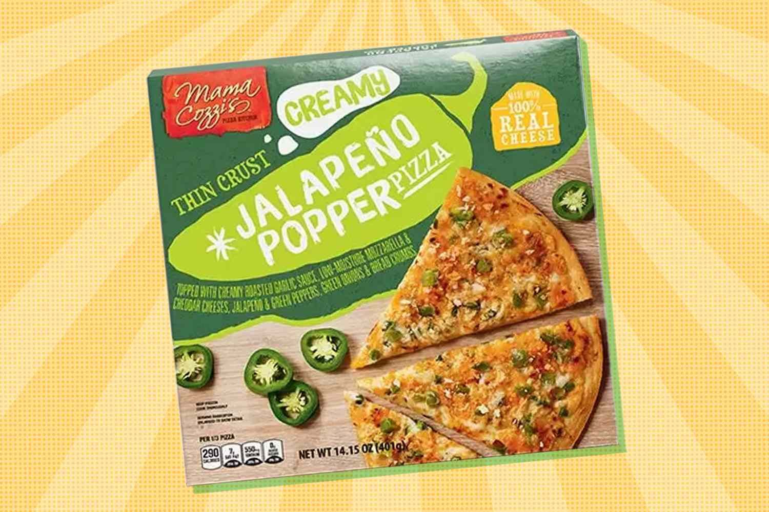 Mama Cozzi Jalapeno Popper Pizza box over a colorful background