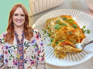 Ree Drummond next to a plate of chicken enchilada casserole