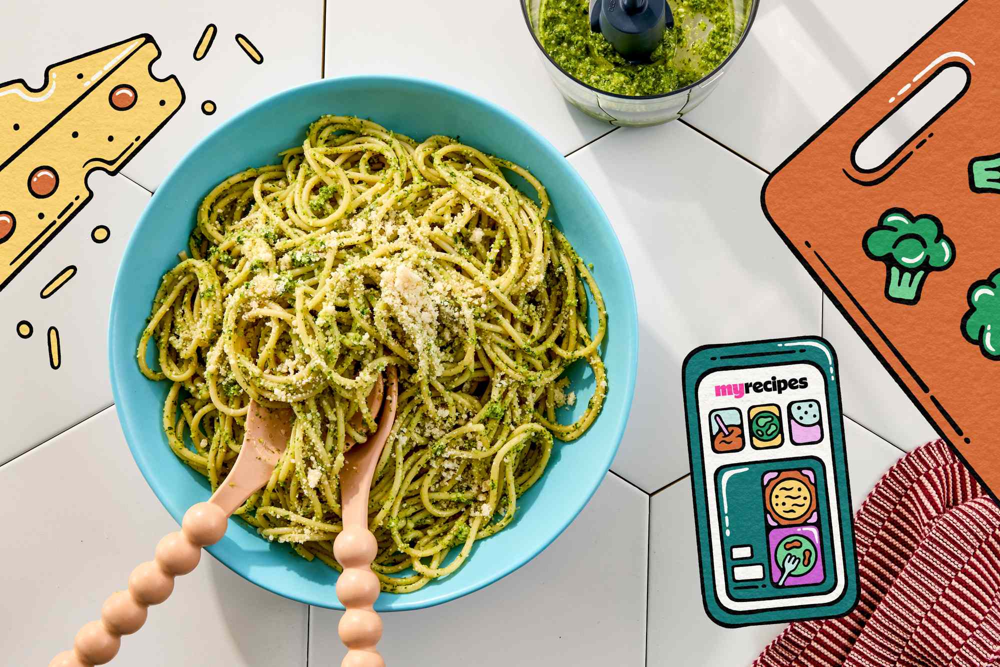 A bowl of pasta with broccoli pesto and parmesan wooden utensils a small bowl of pesto and illustrations of cheese and vegetables