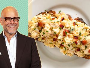 alton brown cut-out over a blue and yellow background next to a photo of his egg salad on toast 
