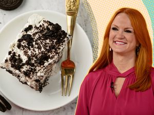 Split image with Ree Drummond and a plate with a slice of ice box cake