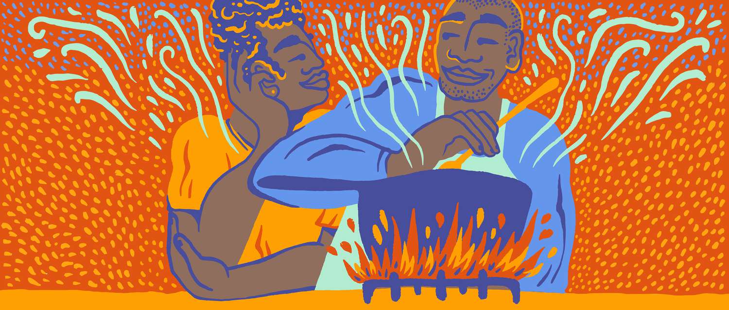 Two individuals cooking together over a stove, depicted in an illustrative and colorful style