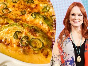 A split image of Ree Drummond and a baked creamy cabbage dish styled together