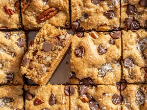 cowboy blondies (overhead shot of sliced cowboy blondies laying flat, one slice cross-section facing towards the camera) 