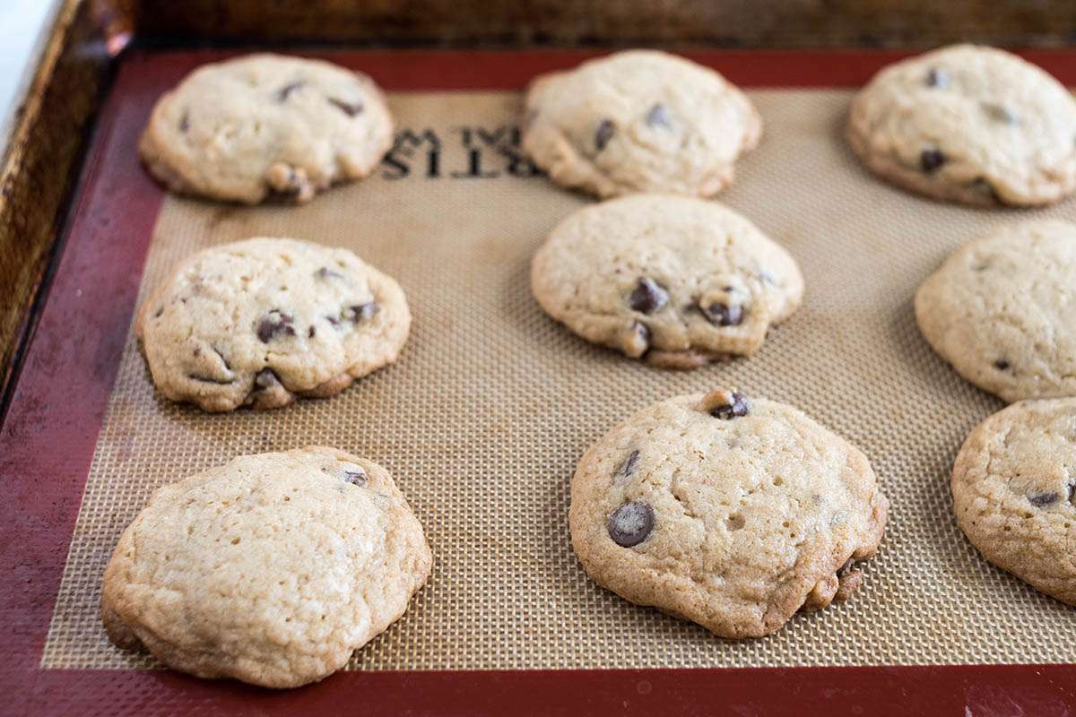 The best chocolate chip cookies on a silpat.
