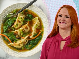An image composition of a bowl of dumpling soup and Ree Drummond