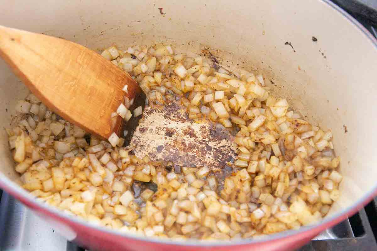 brown onions in pot for short rib stew