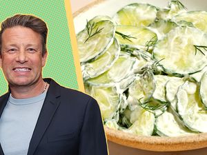 A split image of Jamie Oliver and a dish of cucumber salad