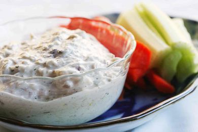 Crab Dip in bowl with veggies on the side