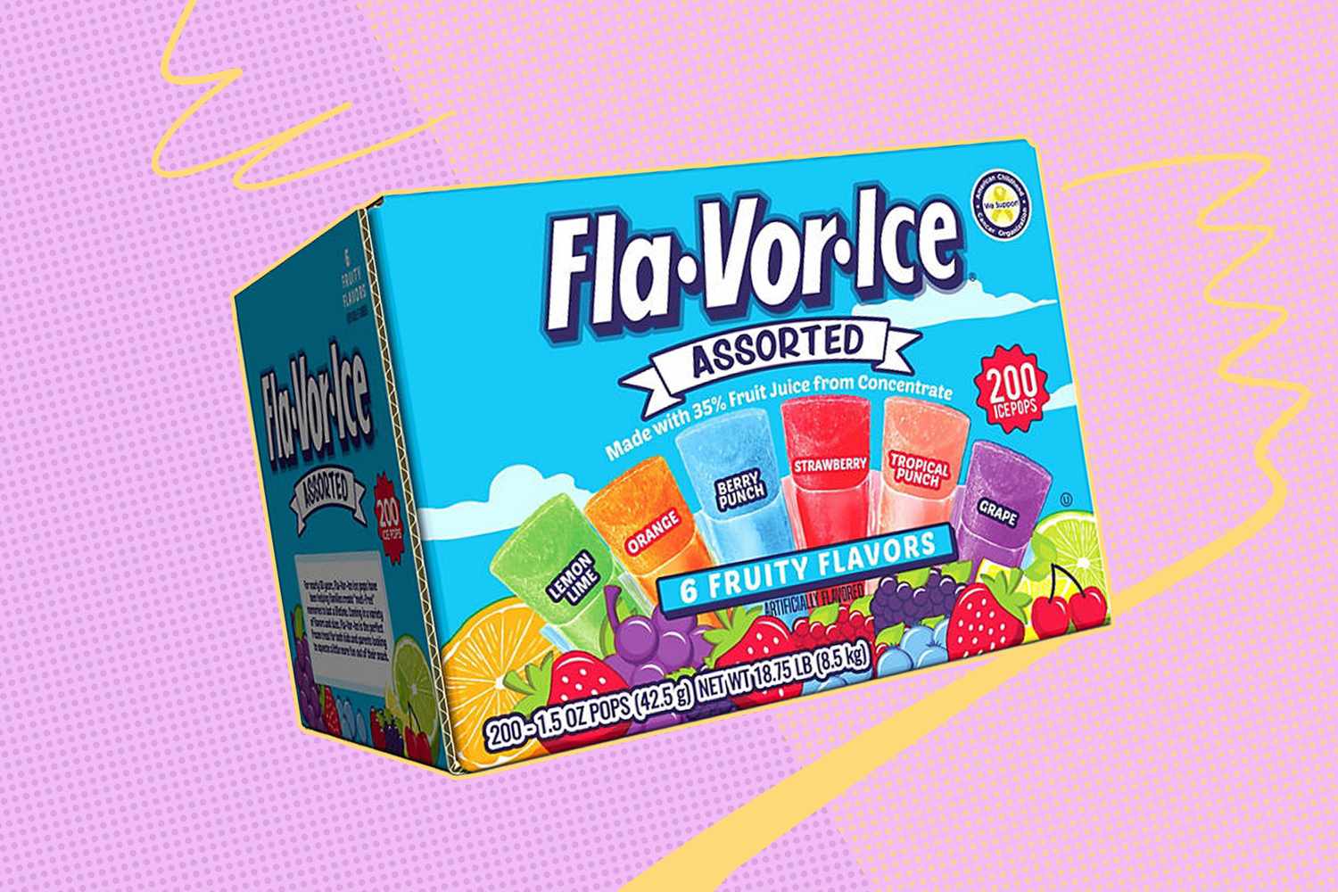 Box of FlaVorIce assorted freeze pops showing six fruity flavors with illustrations of fruits on a colorful background