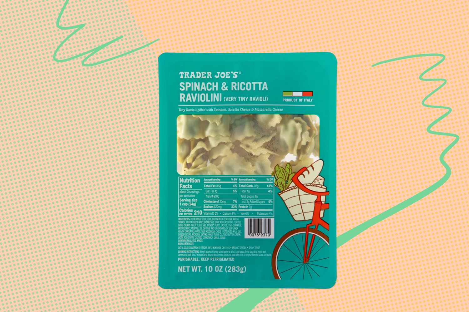Trader Joe's Spinach and Ricotta Raviolini packaging on a decorative background