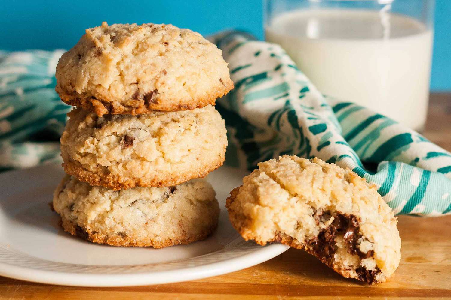 coconut chocolate chip cookies on a plate with a glass of milk