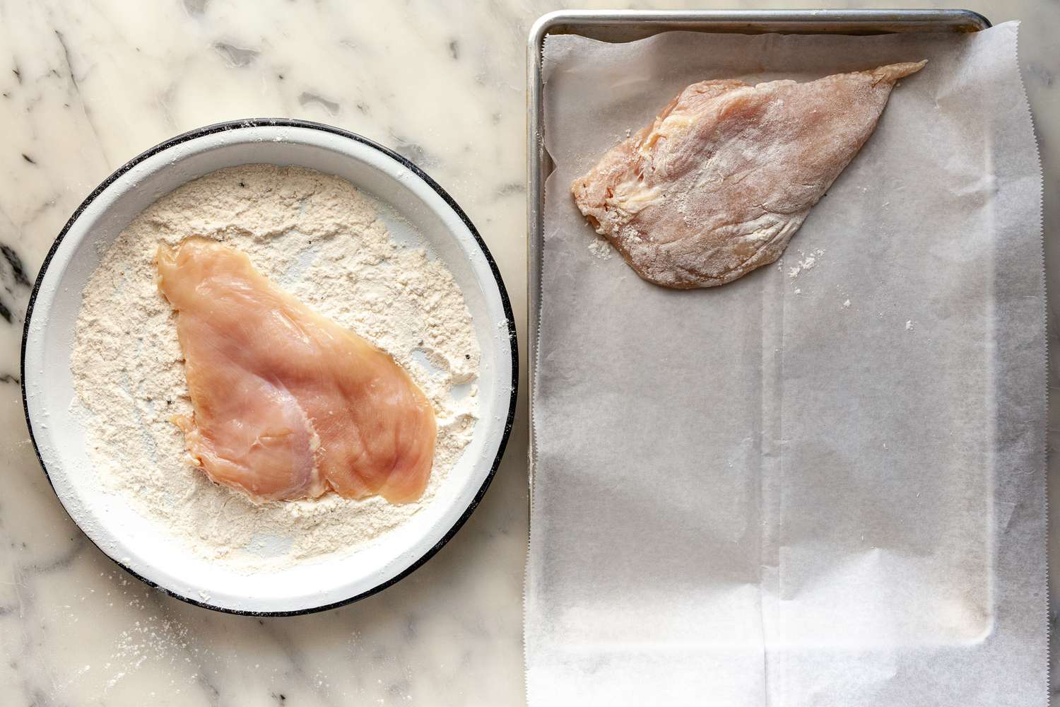 Dredge chicken cutlets in flour.