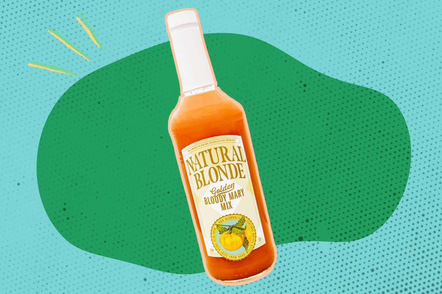A bottle of Natural Blonde Bloody Mary Mix against a graphic background