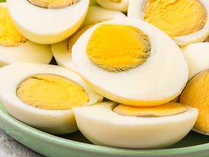 Closeup of hardboiled eggs cut in half