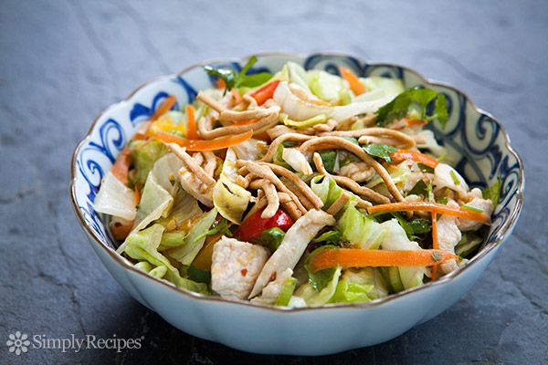 Chow mean chicken salad in a decorative bowl