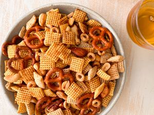 overhead view of a bowl of Grandma Jean’s Snack Mix Recipe