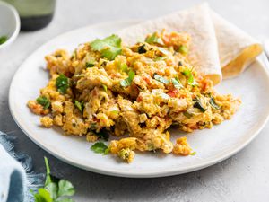 Huevos a la Mexicana on Plate with Tortilla